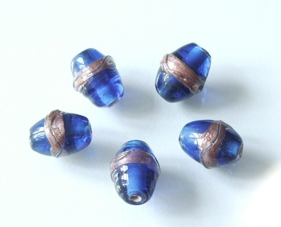 5 Stk. Lampwork Galsperlen * Oval * Cobalt-Blau / Goldfoil * 16x12mm
