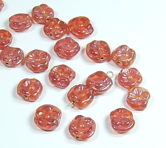 10 Stk. Glasperlen * Button mit Blumenmotiv * Orange / Lüster * 10-11x5mm