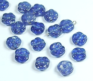 10 Stk. Glasperlen * Button mit Blumenmotiv * Blau / Lüster * 10-11x5mm