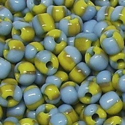 Rocailles * Glasperlen * Rund * Opak zweifarbig gestreift * Hellblau-Gelb * 6/0 (ca. 4mm)