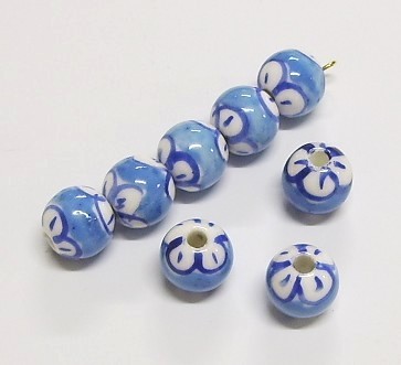 1 Stk. Keramikperle * Rund * Blau-Weiß * Ø 10mm