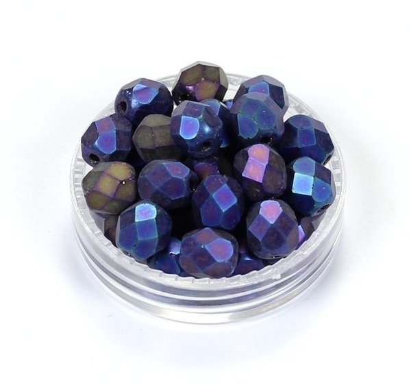25 Böhmische Glasschliffperlen feuerpolierte Glasperlen 6mm Blau irisierend, matt