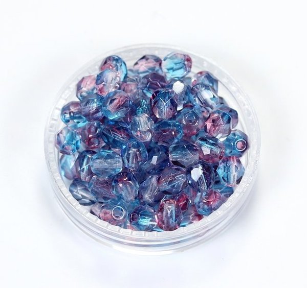 50 Böhmische Glasschliffperlen feuerpolierte Glasperlen 4mm Fuchsia-Saphirblau, zweifarbig