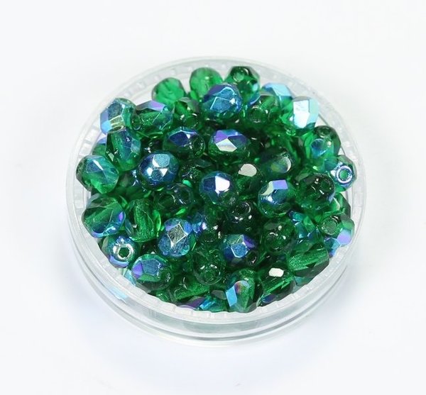 50 Böhmische Glasschliffperlen feuerpolierte Glasperlen 4mm Grün-Smaragd, AB veredelt