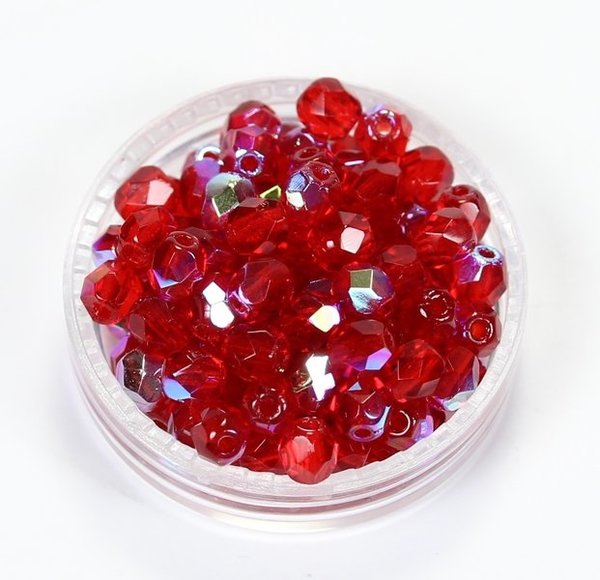 50 Böhmische Glasschliffperlen feuerpolierte Glasperlen 4mm Siam-Rubin Rot, AB veredelt