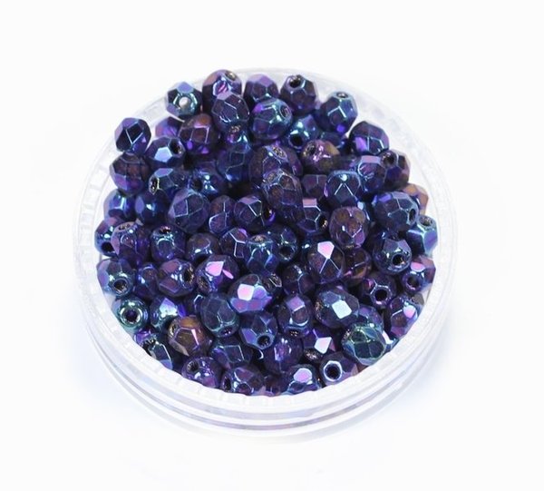 100 Böhmische Glasschliffperlen feuerpolierte Glasperlen 3mm Blau, irisierend