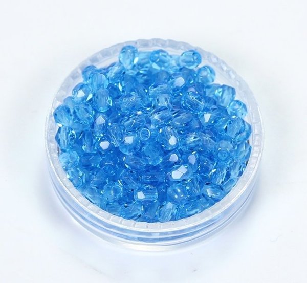 100 Böhmische Glasschliffperlen feuerpolierte Glasperlen 3mm Aquamarine, dunkel