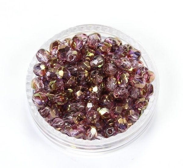 100 Böhmische Glasschliffperlen feuerpolierte Glasperlen 3mm Purpur/Violett, vergoldet, gelüstert