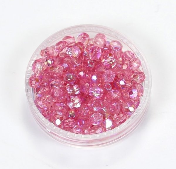 100 Böhmische Glasschliffperlen feuerpolierte Glasperlen 3mm Pink-Rosa, milchig, AB veredelt