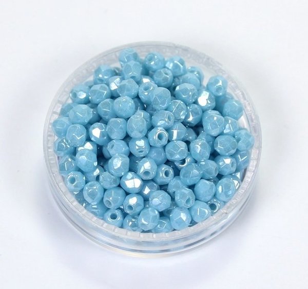 100 Böhmische Glasschliffperlen feuerpolierte Glasperlen 3mm Koral-Himmelblau, mit  Lüster