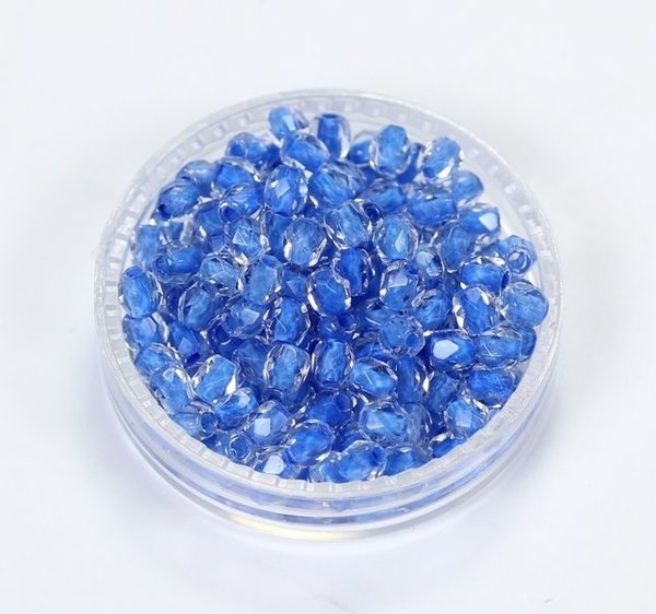 100 Böhmische Glasschliffperlen feuerpolierte Glasperlen 3mm Kristall, mit Blaueinzug