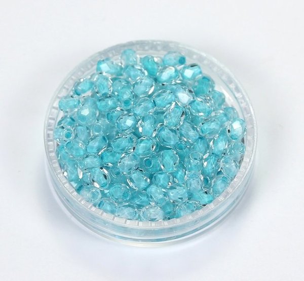 100 Böhmische Glasschliffperlen feuerpolierte Glasperlen 3mm Kristall, mit Grün-Türkiseinzug