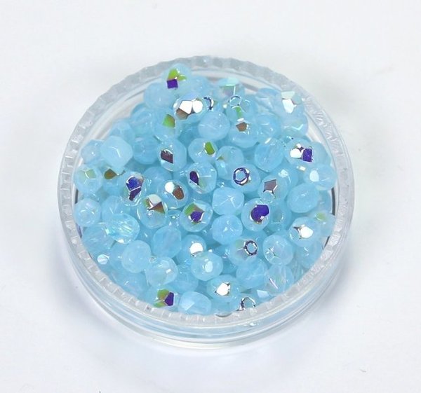 100 Böhmische Glasschliffperlen feuerpolierte Glasperlen 3mm Aquamarine, milchig, AB veredelt