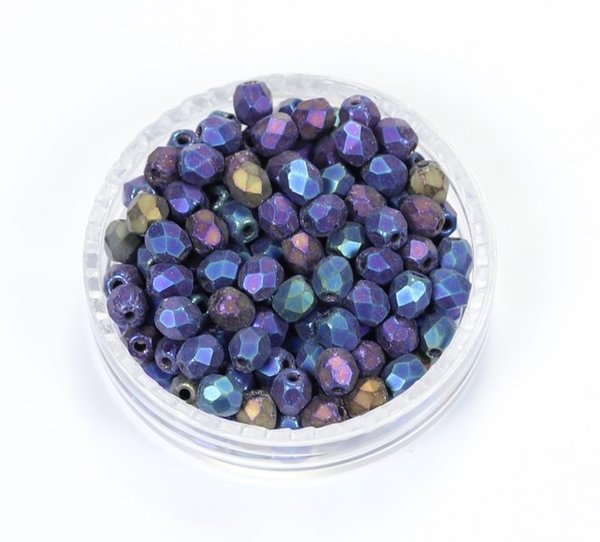 100 Böhmische Glasschliffperlen feuerpolierte Glasperlen 3mm Blau, matt, irisierend