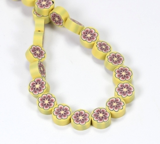 10 Stk. Fimo Perlen mit Blumenmuster Gelb Münzenform 10x5mm