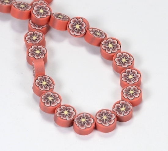 10 Stk. Fimo Perlen mit Blumenmuster Orange-Rot Münzenform 10x5mm