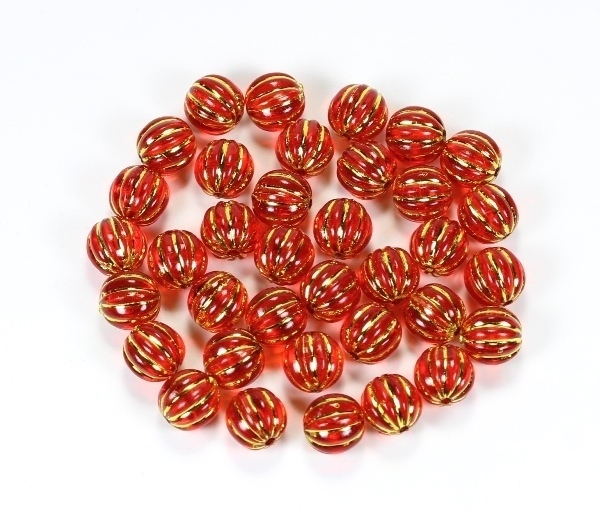Acryl Perlen Schmuckzwischenteile Rund geriffelt Rot/Gold 12mm