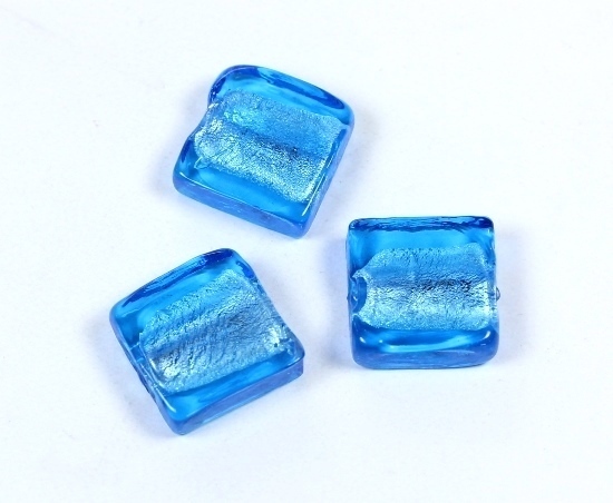 3 Stk. Lampwork Glasperlen mit Silberfolie Quadrat Viereck flach Blau ca. 18x18x7mm