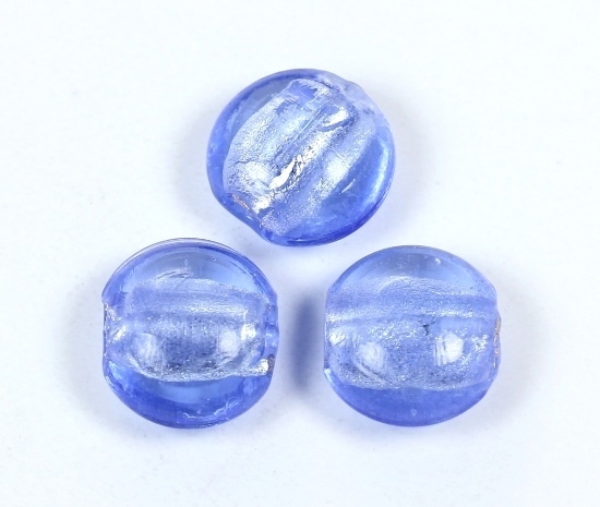 3 Stk. Lampwork Glasperlen mit Silberfolie Button Linse Safirblau/Hellblau ca. 16x9mm