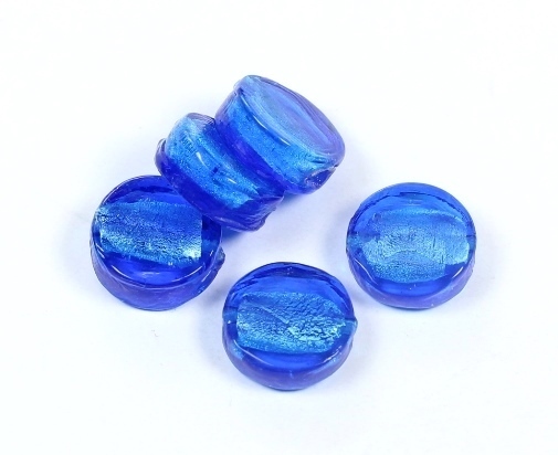 4 Stk. Lampwork Glasperlen mit Silberfolie Rund flach Button Blau ca. 14x5mm
