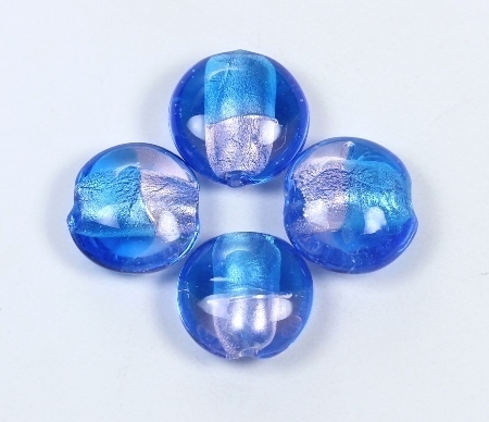 2 Stk. Lampwork Glasperlen mit Silberfolie Rund flach Linse Blau-Hellrosa ca. 20x10mm