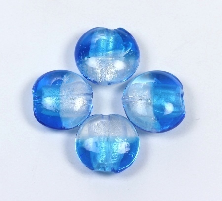 2 Stk. Lampwork Glasperlen mit Silberfolie Rund flach Linse Blau-Kristall ca. 20x10mm