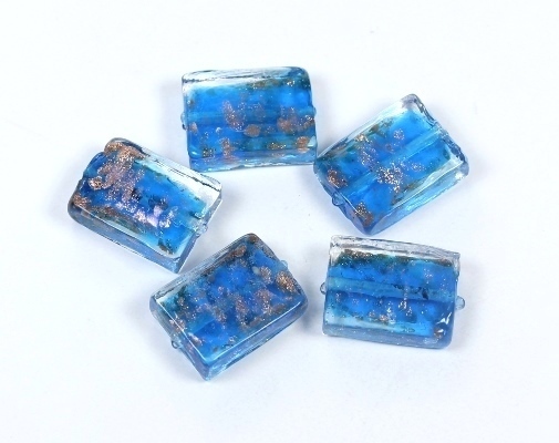 3 Stk. Lampwork Glasperlen mit Goldsand Rechteck Kristall-Blau ca. 20x15x6mm