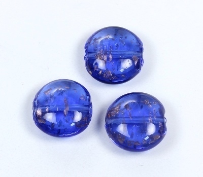 3 Stk. Lampwork Glasperlen mit Goldsand Linse Safirblau/Blau ca. 20x10mm