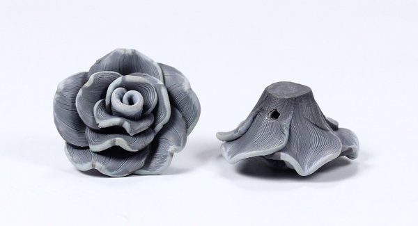3 Stk. Fimo Blumen Rosen Polymer Clay Perlen Grau (2) ca. 25-26mm