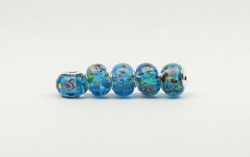 Lampwork Glasperlen Rondelle Großlochperle Blüten Hellblau-aqua 13,3-14,5x10-11mm Ø 4,8mm Spacer