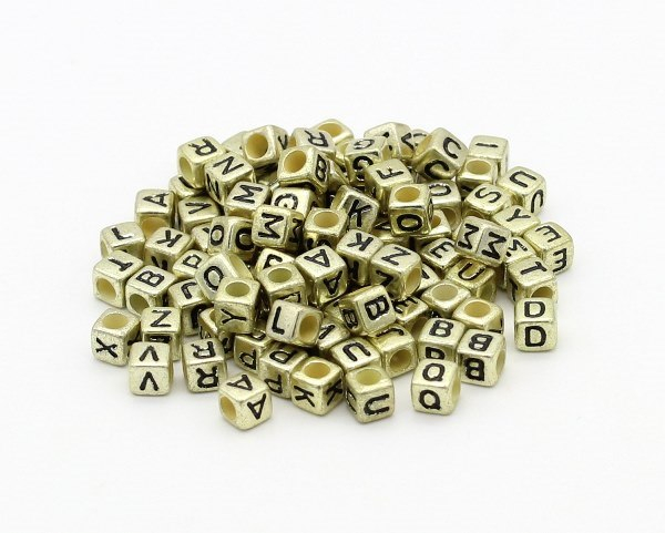 100 St. Acryl Buchstabenperlen Großlochperle Perlen Würfel Gold 6x6x6mm Ø 3,5mm Spacer