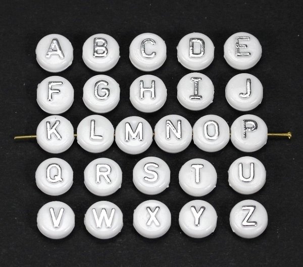 10 Stk. Acryl Buchstabenperlen Rund flach Weiß/Silber Buchstaben-MIX 9,5-10x6mm - Buchstabenauswahl
