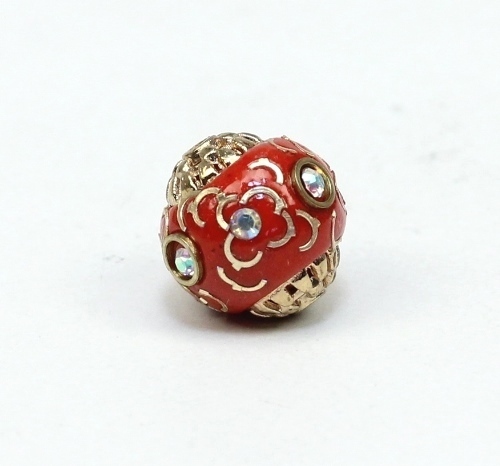 1 Stk. Indonesische Perle Kashmiri Perle Rot m. Strass & Metallkappen verziert Rund 13-14x14,5-15mm