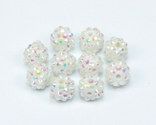 10 Stk. Resin Harz Strassperlen Perlen mit Strass Rund Weiß mit AB irisierend 11,8-12x10mm