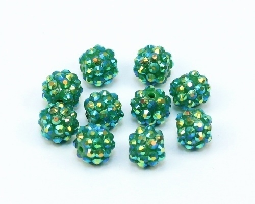 10 Stk. Resin Harz Strassperlen Perlen mit Strass Rund Grün mit AB irisierend 11,8-12x10mm