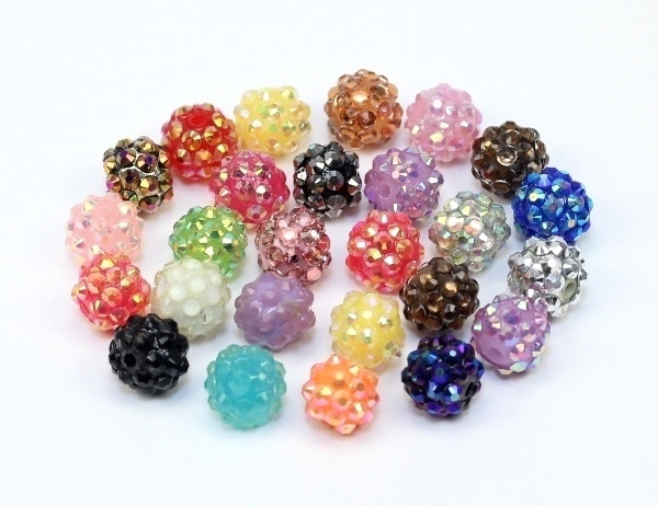 10 Stk. Resin Harz Strassperlen Perlen mit Strass Rund Mixfarben teils AB irisierend 11,5-12x10mm