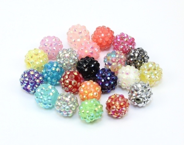 10 Stk. Resin Harz Strassperlen Perlen mit Strass Rund Mixfarben AB irisierend 14x12-12,5mm