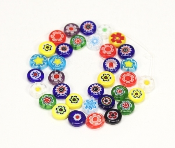 Millefiori Glasperlen mehrfarbig bunte Mischung Handarbeit Blume Perlen Rund flach 12-13x3,5-4mm