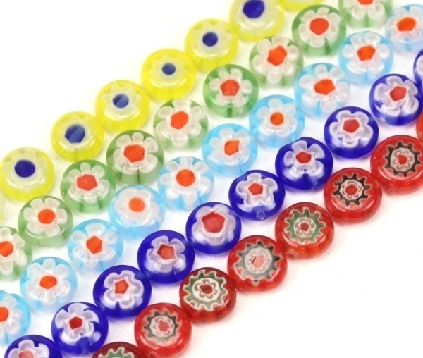10 Stk. Millefiori Glasperlen Handarbeit Blume Perlen Rund flach 8x4mm Farbauswahl